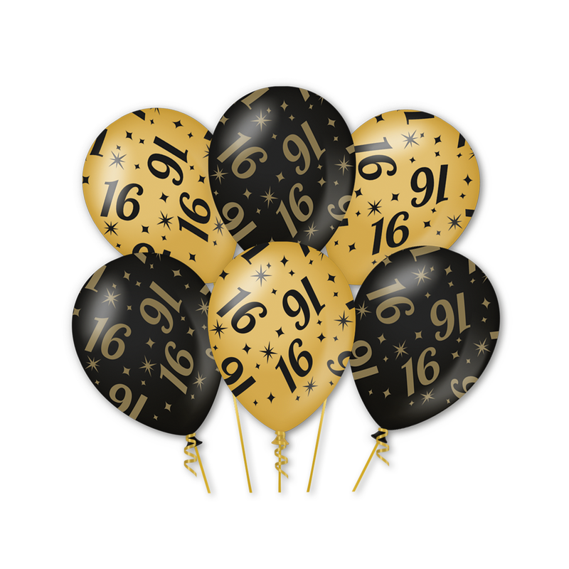 Latex Ballonnen 16 Jaar Goud/Zwart 30 cm