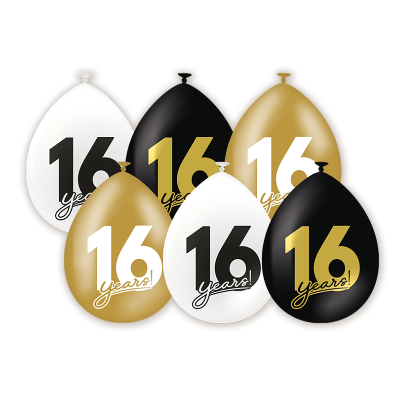 Latex Ballonnen 16 Jaar Zwart/Goud/Wit 30 cm – 6 Stuks