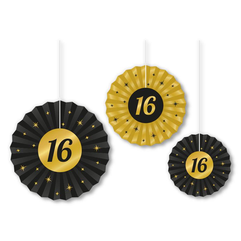 Papieren Decoratiewaaiers 16 Jaar Zwart/Goud – 3 stuks