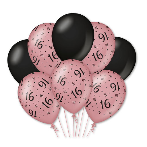 Latex Ballonnen 16 Jaar Roségoud/Zwart 30 cm