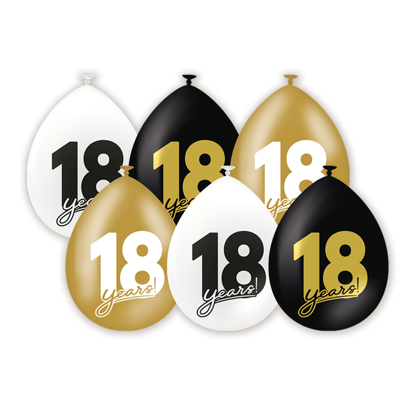 Latex Ballonnen 18 Jaar Zwart/Goud/Wit 30 cm – 6 Stuks