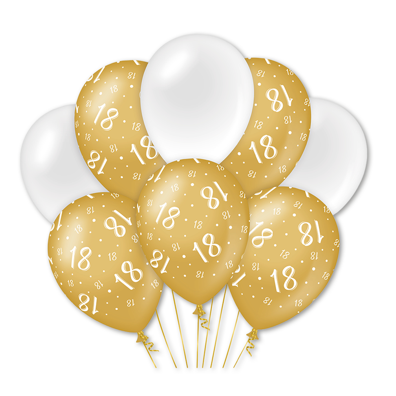 Latex Ballonnen 18 Jaar Goud/Wit 30 cm