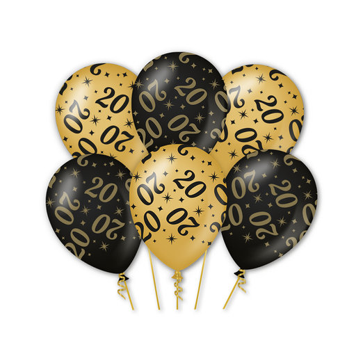 Latex Ballonnen 20 Jaar Goud/Zwart 30 cm