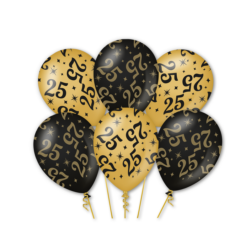 Latex Ballonnen 25 Jaar Goud/Zwart 30 cm