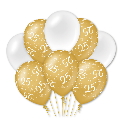 Latex Ballonnen 25 Jaar Goud/Wit 30 cm