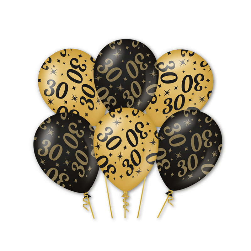 Latex Ballonnen 30 Jaar Goud/Zwart 30 cm