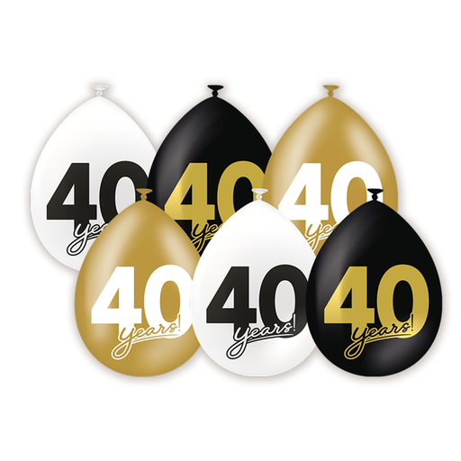 Latex Ballonnen 40 Jaar Zwart/Goud/Wit 30 cm – 6 Stuks