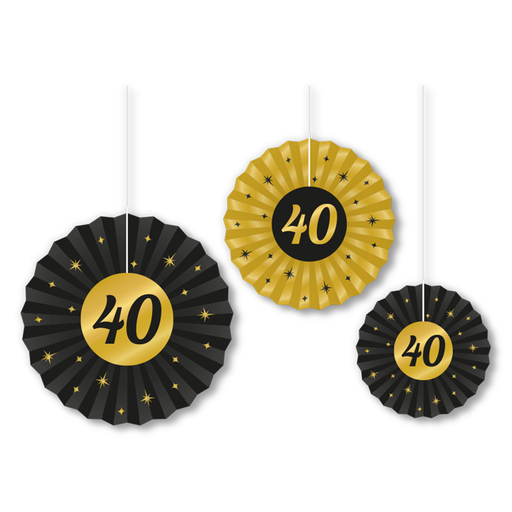 Papieren Decoratiewaaiers 40 Jaar Zwart/Goud – 3 stuks