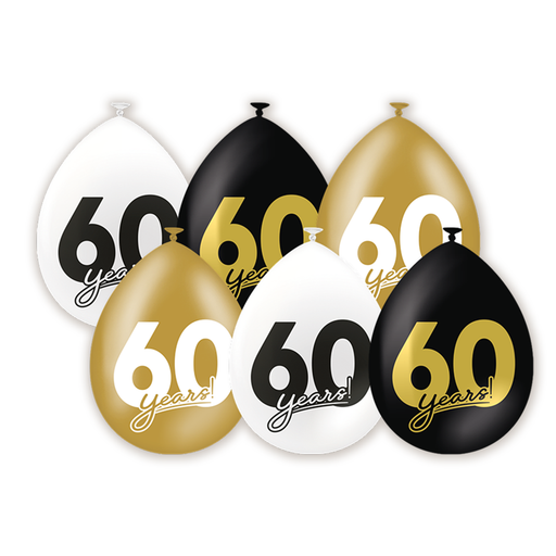 Latex Ballonnen 60 Jaar Zwart/Goud/Wit 30 cm – 6 Stuks