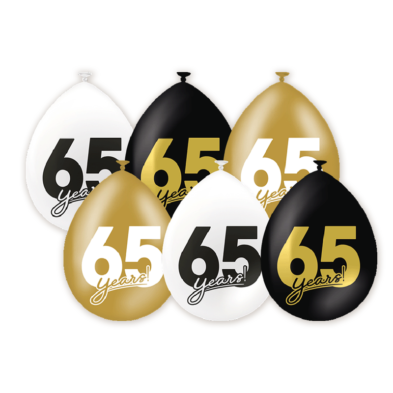 Latex Ballonnen 65 Jaar Zwart/Goud/Wit 30 cm – 6 Stuks