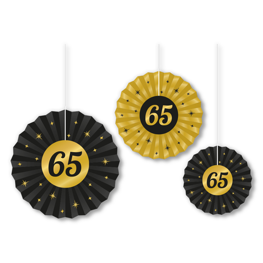 Papieren Decoratiewaaiers 65 Jaar Zwart/Goud – 3 stuks