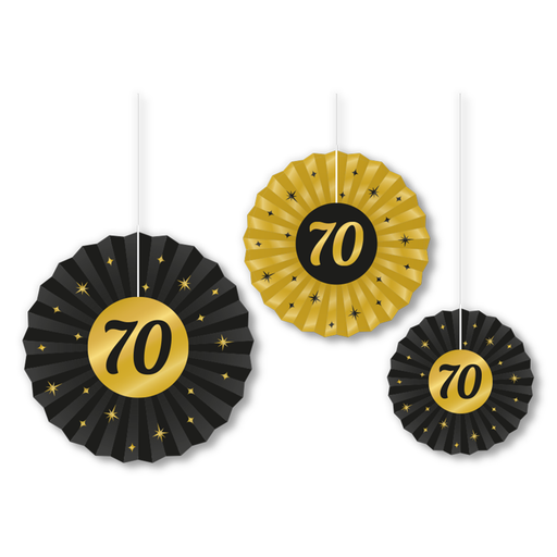 Papieren Decoratiewaaiers 70 Jaar Zwart/Goud – 3 stuks