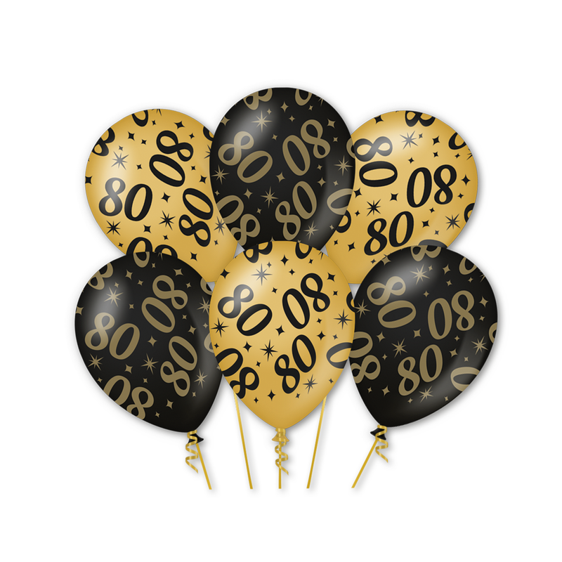 Latex Ballonnen 80 Jaar Goud/Zwart 30 cm