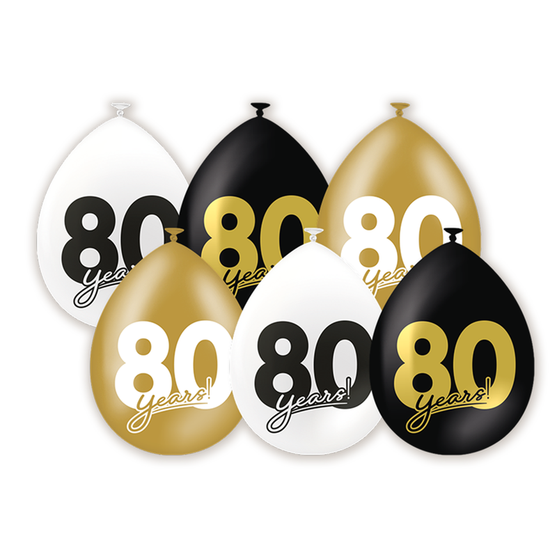 Latex Ballonnen 80 Jaar Zwart/Goud/Wit 30 cm – 6 Stuks
