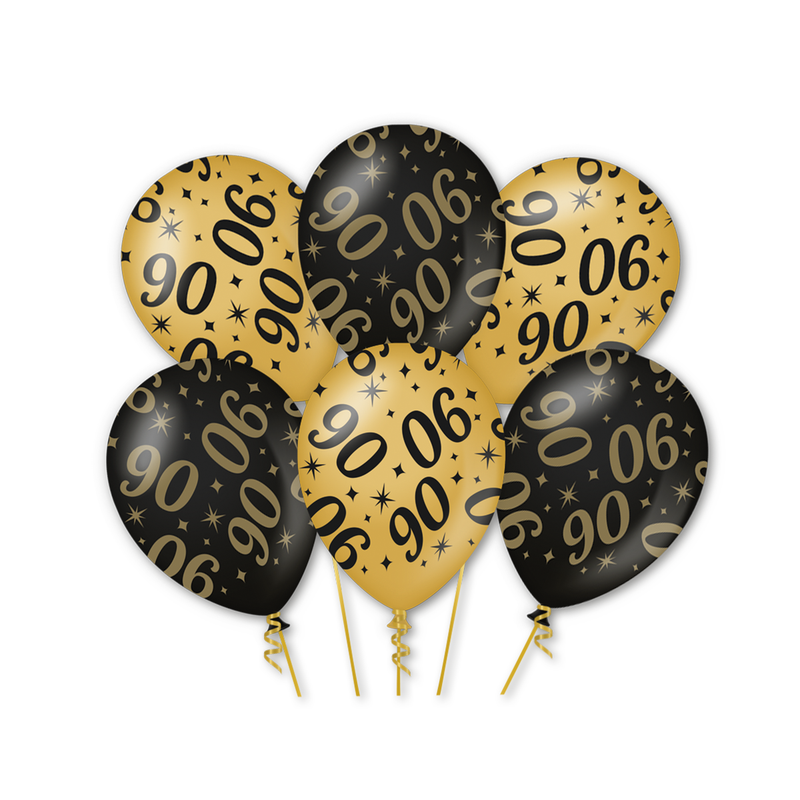 Latex Ballonnen 90 Jaar Goud/Zwart 30 cm