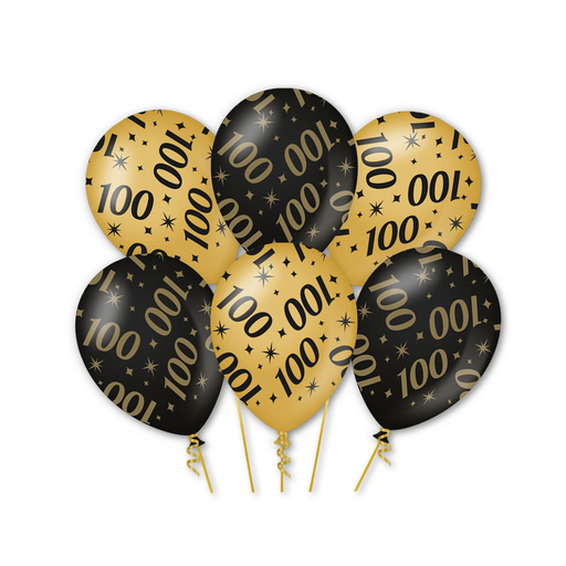 Latex Ballonnen 100 Jaar Goud/Zwart 30 cm