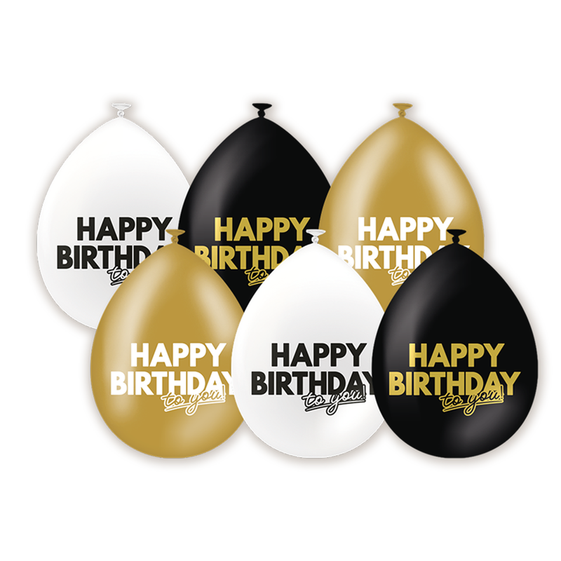 Latex Ballonnen Happy Birthday Zwart/Goud/Wit 30 cm – 6 Stuks