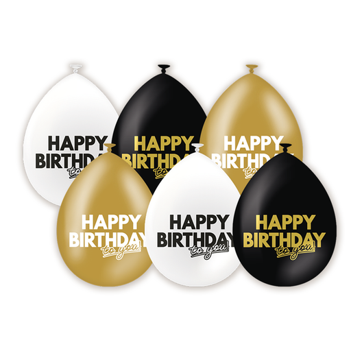 Latex Ballonnen Happy Birthday Zwart/Goud/Wit 30 cm – 6 Stuks