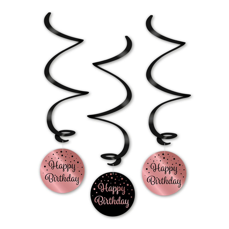 Swirls Happy Birthday Roségoud/Zwart 70 cm