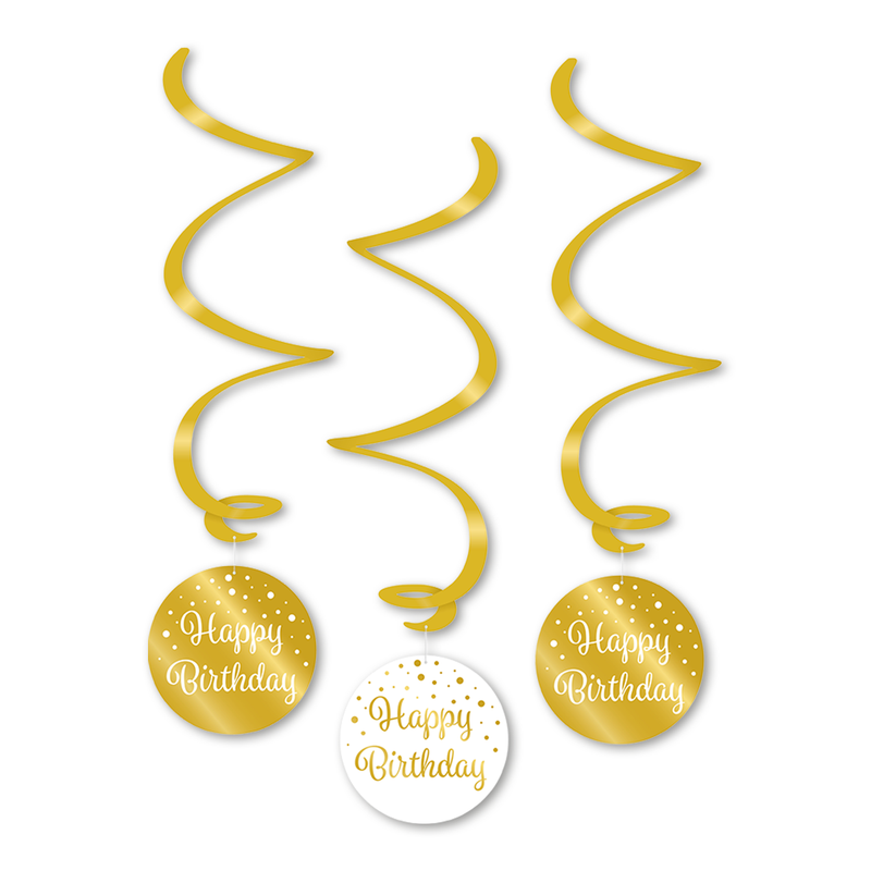Swirls Happy Birthday Goud/Wit 70 cm