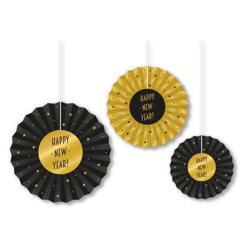 Papieren Decoratiewaaiers Happy New Year Zwart/Goud – 3 stuks