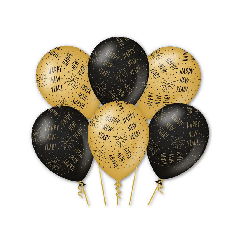 Latex Ballonnen Happy New Year Goud/Zwart 30 cm