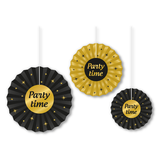 Papieren Decoratiewaaiers Party Time Zwart/Goud – 3 stuks