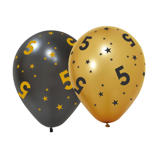 Ballonnen 5 Jaar Zwart/Goud 30 cm – 6 Stuks