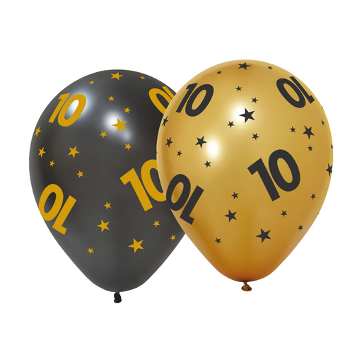 Ballonnen 10 Jaar Zwart/Goud 30 cm – 6 Stuks