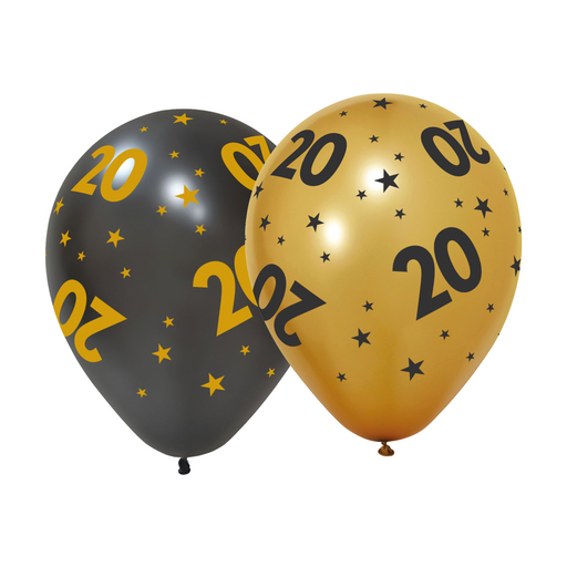 Ballonnen 20 Jaar Zwart/Goud 30 cm – 6 Stuks