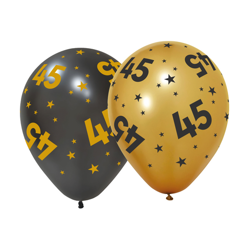 Ballonnen 45 Jaar Zwart/Goud 30 cm – 6 Stuks