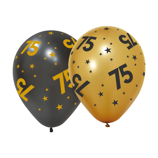Ballonnen 75 Jaar Zwart/Goud 30 cm – 6 Stuks