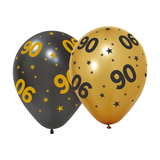 Ballonnen 90 Jaar Zwart/Goud 30 cm – 6 Stuks
