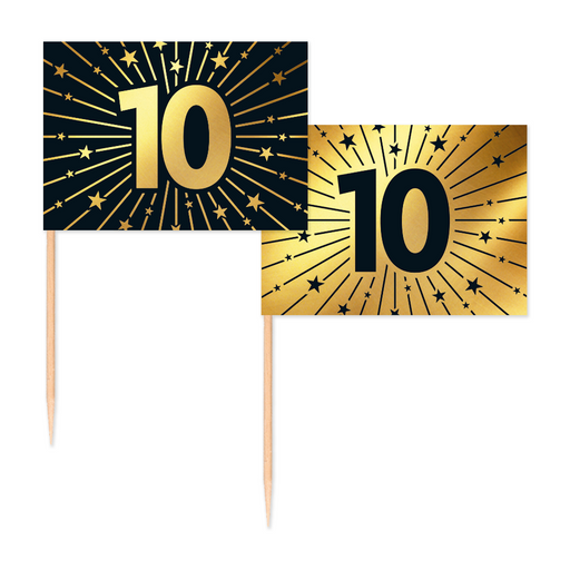Vlaggenprikkers 10 Jaar Zwart/Goud – 50 Stuks