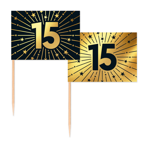 Vlaggenprikkers 15 Jaar Zwart/Goud – 50 Stuks