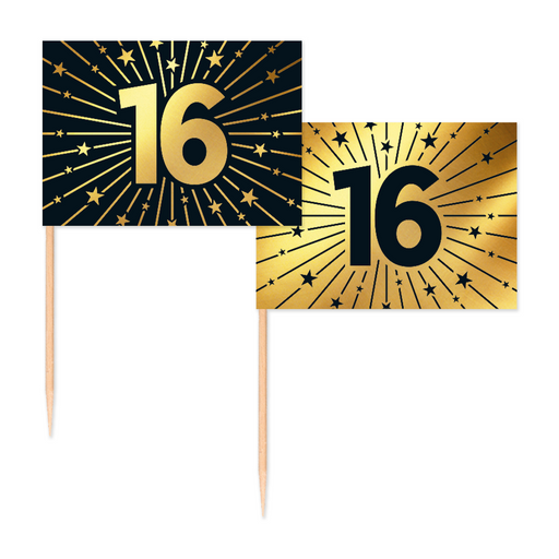 Vlaggenprikkers 16 Jaar Zwart/Goud – 50 Stuks