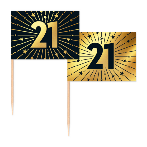 Vlaggenprikkers 21 Jaar Zwart/Goud – 50 Stuks