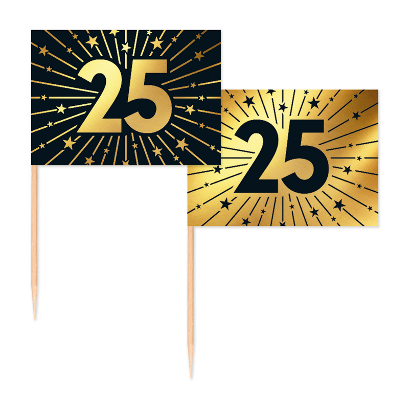 Vlaggenprikkers 25 Jaar Zwart/Goud – 50 Stuks