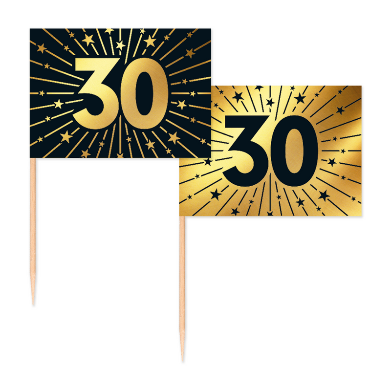 Vlaggenprikkers 30 Jaar Zwart/Goud – 50 Stuks