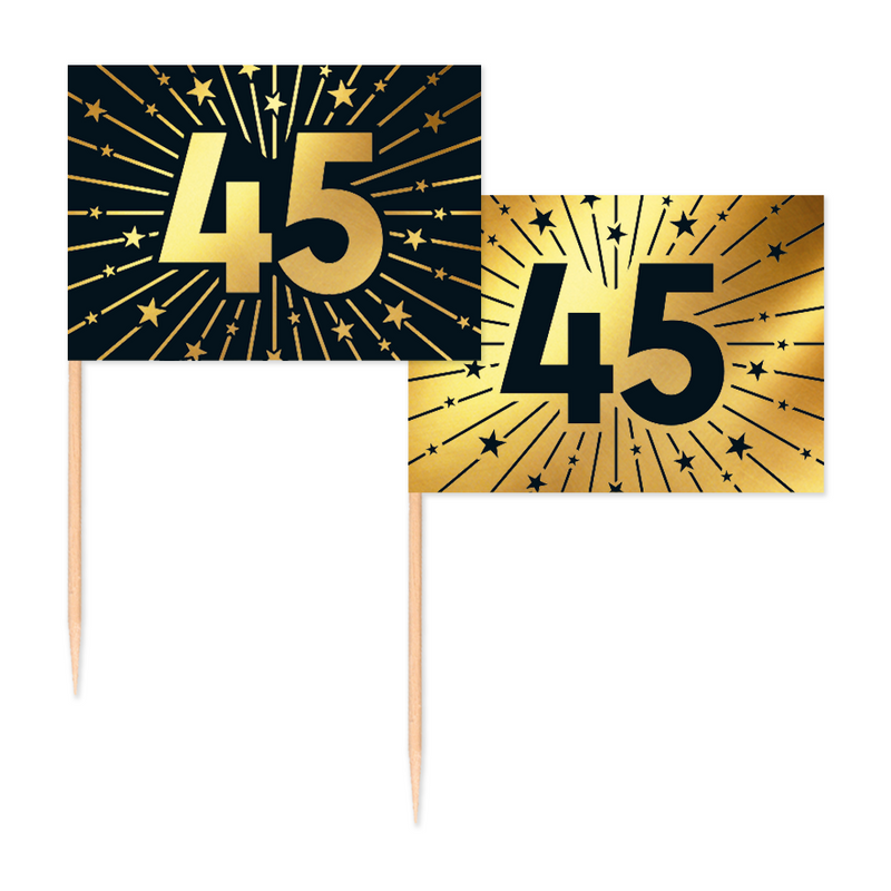 Vlaggenprikkers 45 Jaar Zwart/Goud – 50 Stuks