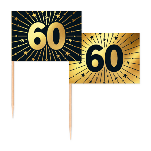 Vlaggenprikkers 60 Jaar Zwart/Goud – 50 Stuks