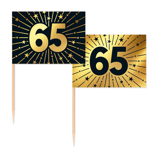 Vlaggenprikkers 65 Jaar Zwart/Goud – 50 Stuks