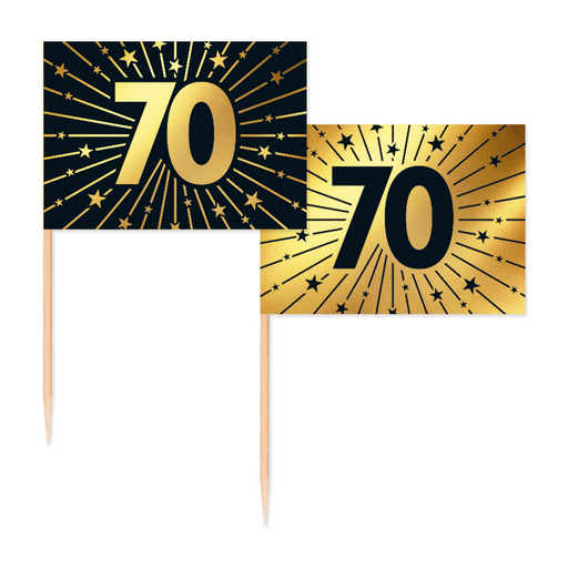 Vlaggenprikkers 70 Jaar Zwart/Goud – 50 Stuks
