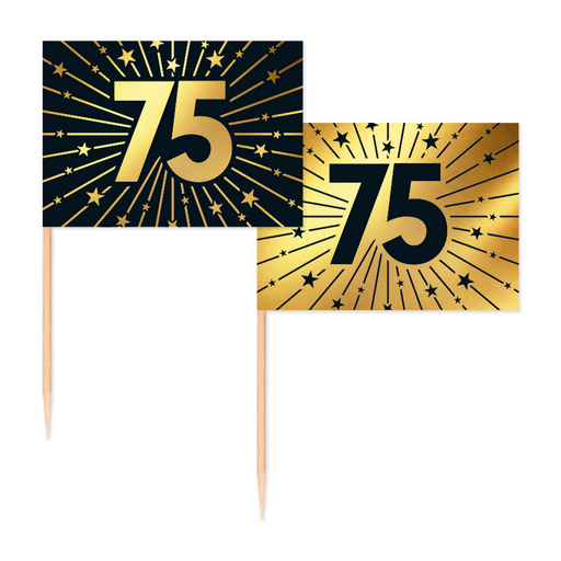 Vlaggenprikkers 75 Jaar Zwart/Goud – 50 Stuks