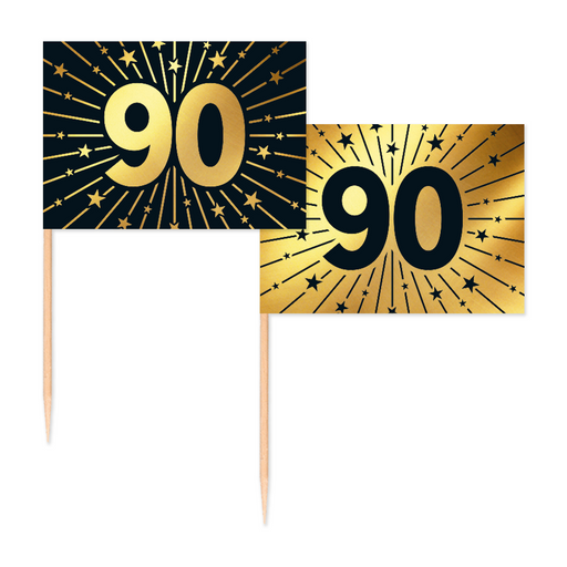 Vlaggenprikkers 90 Jaar Zwart/Goud – 50 Stuks