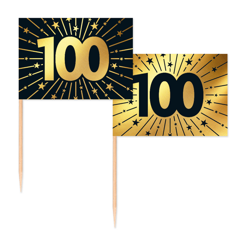 Vlaggenprikkers 100 Jaar Zwart/Goud – 50 Stuks