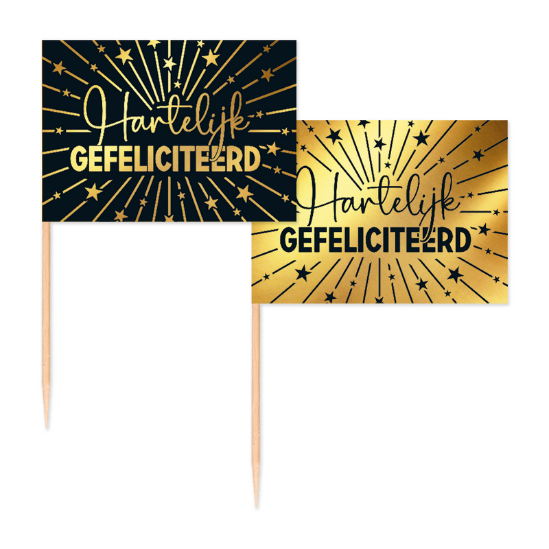 Vlaggenprikkers Hartelijk Gefeliciteerd Zwart/Goud – 50 Stuks