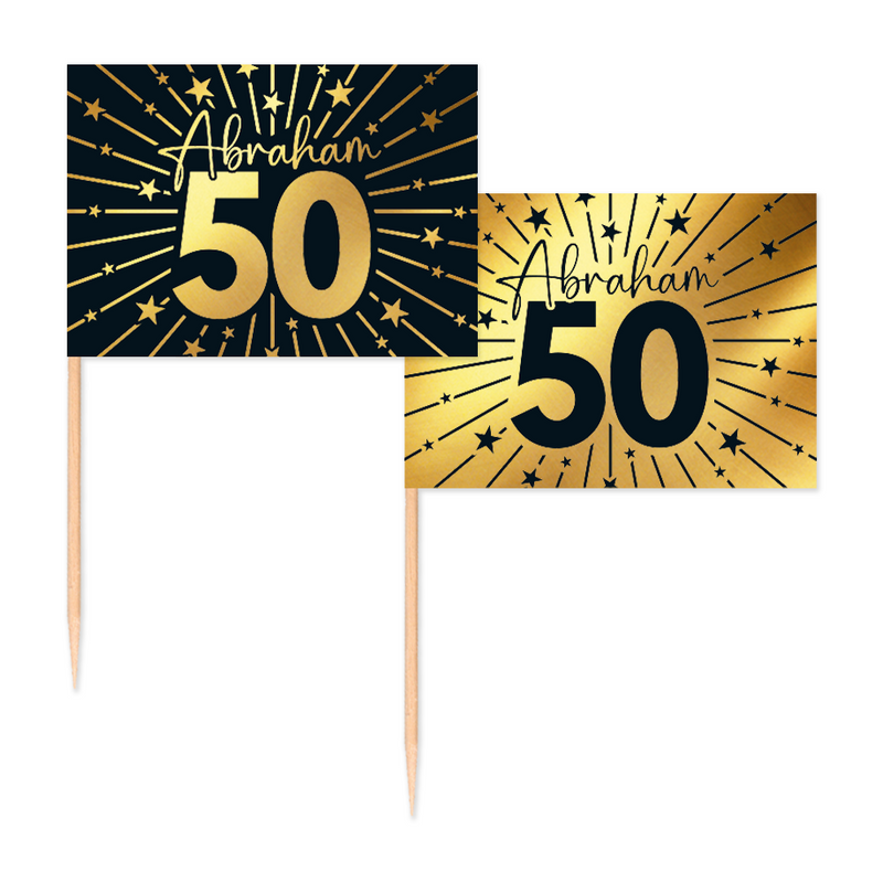 Vlaggenprikkers Abraham 50 Jaar Zwart/Goud – 50 Stuks
