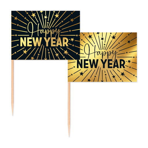 Vlaggenprikkers Happy New Year Zwart/Goud – 50 Stuks