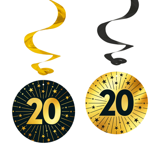 Swirl Hangdecoratie 20 Jaar Zwart/Goud – 4 Stuks